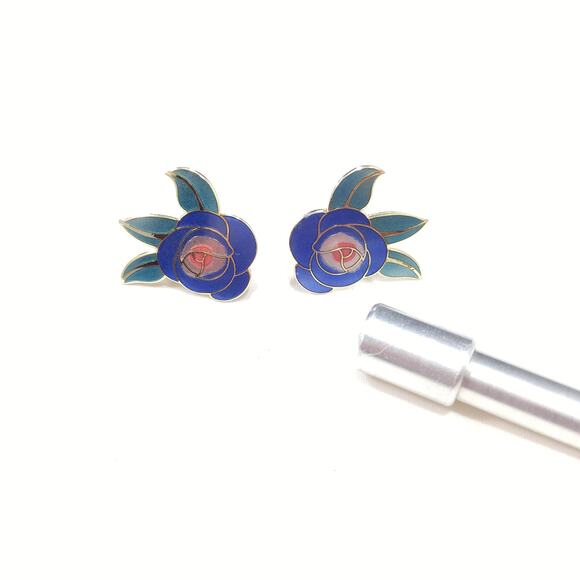 Vintage Laurel Burch Blue "Deco Rose" Post Earrings, 1980s Vintage Jewelry - Picture 8 of 10
